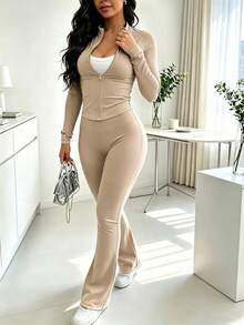 Setelan 2 Potong Wanita Musim Semi/Gugur, Jaket dan Celana Panjang Berresleting Warna Polos Potongan Ramping Modis, Kain Poliester Ringan untuk Kebugaran dan Yoga, Elegan - warna - View 4