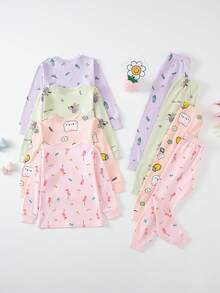4 Sets Send 1 Set Random Color Girls Cartoon Pure Cotton Underwear Set Cute Print Medium Thick Long Sleeve Long Pants Loungewear Set Printed Thermal Top And Bottom - Multicolor - View 2