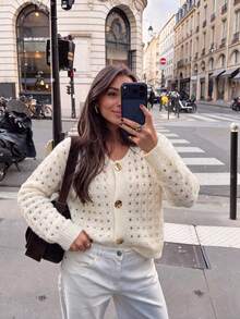 Fashion Women's Hollow Knit Cardigan Jacket With Pockets And Buttons, Suitable For Coffee Date, Autumn/Winter, Christmas, New Year - Apricot - View 4