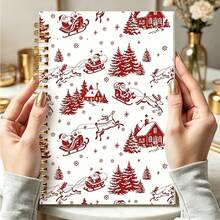 1 pièce Cahier à spirale 14*21cm avec motif vintage de traîneau du Père Noël, journal avec impression de scène de Noël en art linéaire rouge, bloc-notes rétro de vacances d'hiver pour notes quotidiennes - Multicolore - Voir 1