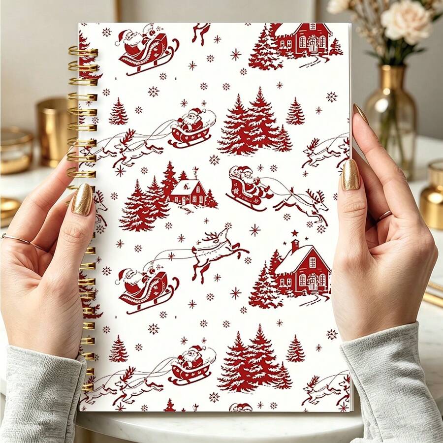 1 pièce Cahier à spirale 14*21cm avec motif vintage de traîneau du Père Noël, journal avec impression de scène de Noël en art linéaire rouge, bloc-notes rétro de vacances d'hiver pour notes quotidiennes - Multicolore - Voir 1