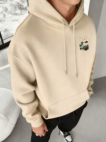 Men's Crane & Mount Print Hoodie, Japanese Art Style Loose Fit Pullover - Apricot - View 2
