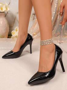 Elegant Women's High Heels, Classic Solid Color, Pointed Toe Stiletto Pumps, Pearl Tassel Decor, Suitable For Weddings And Parties - Black - View 5