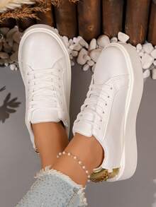 Minimalist Thick Sole White Sneakers Women's Spring Summer New Casual Shoes - White - View 4