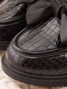 Girls Black Loafers Patent Leather Satin Bow Thick Non-Slip School Performance Versatile Shoes! - Black - View 6