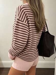 Women's Autumn/Winter New Fashion Street Style Casual Loose Colorblock Striped Knit Button Cardigan - Pink/Coffee White - View 3