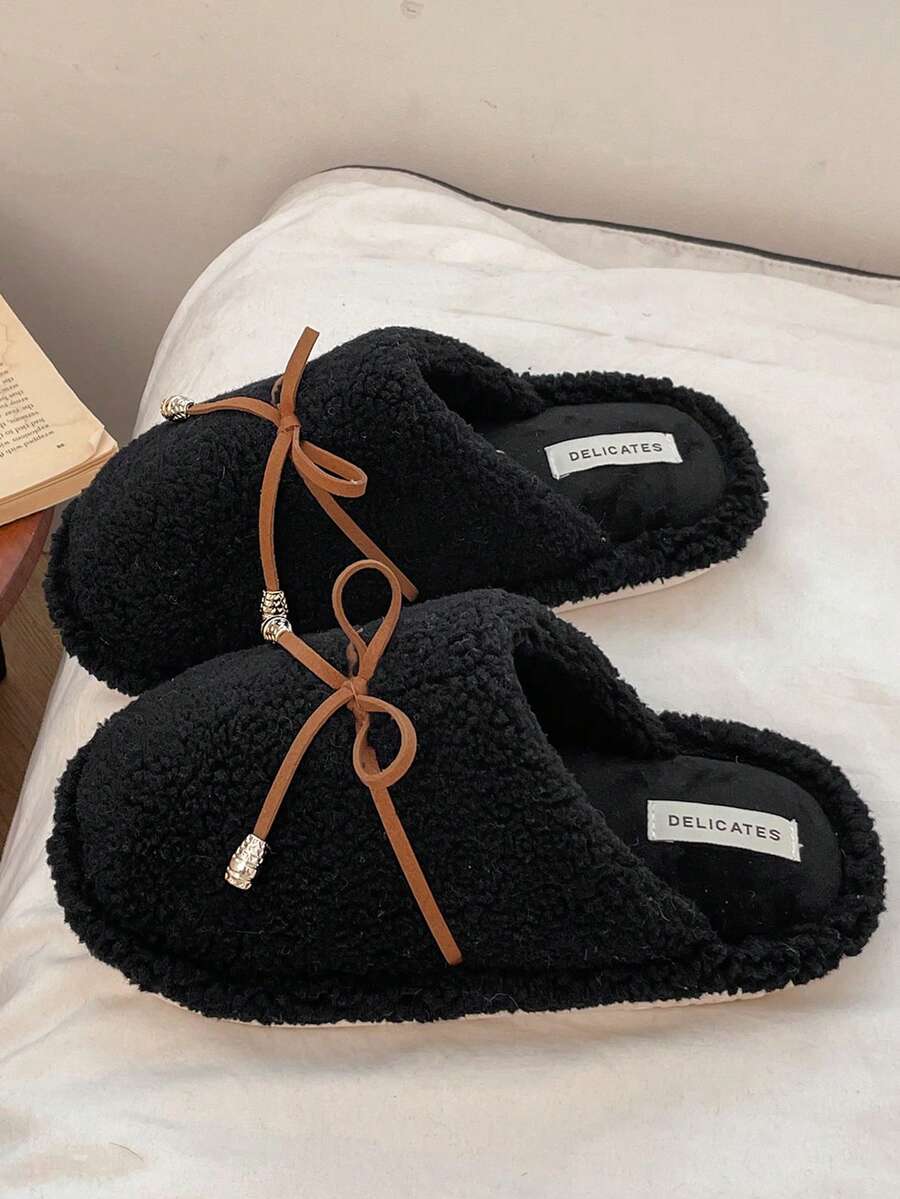 Women's Plush Bowknot Decor Closed-Toe Indoor Slippers, Soft Thick Sole Warm Cotton Bedroom Slippers For Autumn/Winter - Black - View 1