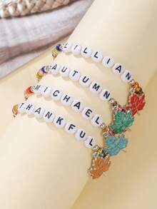 Classic Thanksgiving Alloy Maple Leaf Pendant And Colorful Acrylic Beaded Elastic Bracelet Set, Perfect Gift For Women To Wear At Holiday Parties - Colorful - View 6