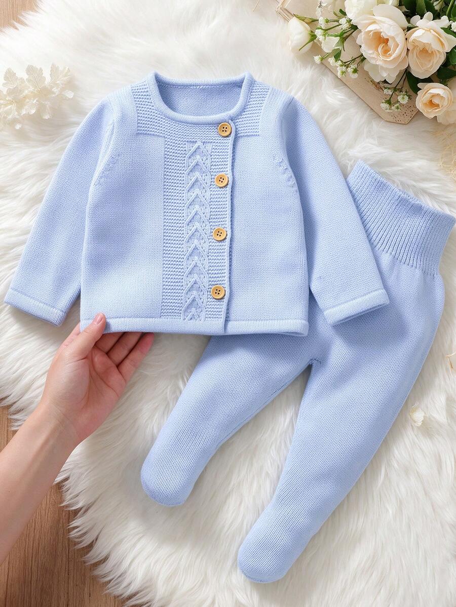 Newborn Sweater Set Solid Color Cable Knit Outfit Baby Round Neck Cardigan Sweater + Leggings 2 Pieces Set Baby Daily Outing Worry-Free Outfit - Baby Blue - View 1
