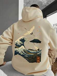 Men's Crane & Mount Print Hoodie, Japanese Art Style Loose Fit Pullover - Apricot - View 1