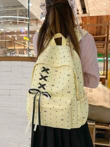 Dot Bow Print Backpack For Girls, Lace-Up Front Ribbon Decor Multi-Pocket Lightweight Casual Daypack School Rucksack Daily Use - Multicolor - View 3