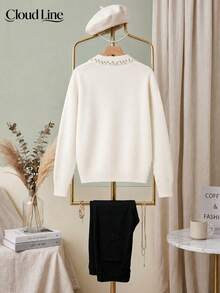 Plus Size Women's Rhinestone Lapel V-Neck Sweater, Long Sleeve Loose Fit Slimming Knit Pullover, Autumn/Winter Commute Casual Warm Top - Beige - View 4