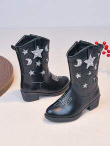 Girls' Princess Boots, New Autumn/Winter Warm Long Boots For Little Girls, Children's Embroidered Western Boots - Black - View 1