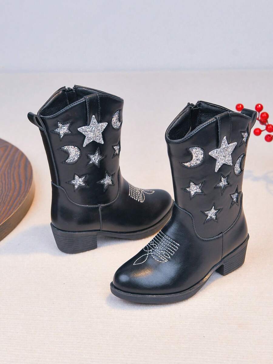 Girls' Princess Boots, New Autumn/Winter Warm Long Boots For Little Girls, Children's Embroidered Western Boots - Black - View 1