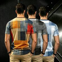3pcs Men's Waffle Knit Digital Print 3D Pattern Patchwork Contrast Color Outdoor Sports Casual Henley Collar T-Shirts - Multicolor - View 2