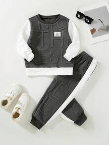 Boys' Fashion Colorblock Embossed Letter Design Crew Neck Sweatshirt And Jogger Pants 2 Pieces Set, Spring/Autumn - Grey - View 2