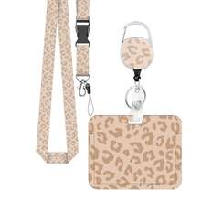 1 Set Retractable ID Badge Holder With Detachable Lanyard, Heavy Duty Badge Reel, Removable Keychain, Cruise Card Holder, Horizontal Card Protector Suitable For Nurses, Doctors, Teachers, Women, Men, Office Supplies (Light Brown Leopard Print) - Business Model - View 12