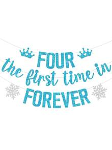 1pc Four The First Time In Forever 4th Birthday Banner, Snowflake Theme Princess Happy 4th Birthday Party Decoration - Multicolor - View 13