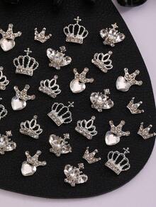 10Pcs 3D Crown Nail Charms, Silver Alloy Rhinestone Crown Nail Art Decorations, Crystal Heart Crown Nail Jewels For DIY Manicure - Multicolor - View 5