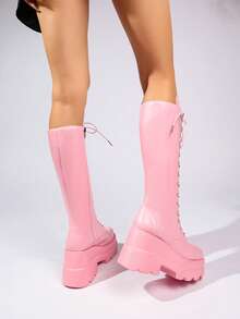 Pink Thick Sole High-Top Lace-Up Boots, Platform Jagged Sole Motorcycle Boots, Sweet Cool Hot Girl Long Boots - Pink - View 5