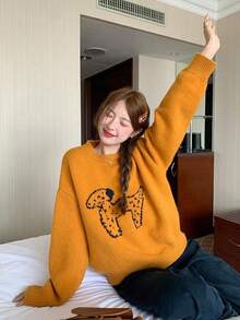 Women's Round Neck Puppy Pattern Long Sleeve Sweater, Winter Outfit - Burnt Orange - View 3