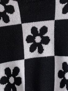 Sweater Rajut Pendek Motif Bunga Gaya Preppy untuk Anak Perempuan, Pullover Kotak-kotak, Cocok untuk Sekolah, Musim Semi, Musim Gugur dan Musim Dingin - Hitam - View 4