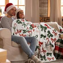 1pc Christmas Throw Blanket, Bow Flannel Fleece Blanket, Red And Green Bow Candy Cane Pattern, Soft Plush Blanket, Suitable For Sofa Bed, Christmas Decoration, Perfect Winter Gift For Women - Multicolor - View 2