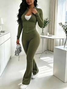 Spring/Autumn Bestselling Women's 2 Pieces Set, Fashion Slim Fit Solid Color Zip-Up Jacket And Pants, Lightweight Polyester Fitness Yoga Fabric - Olive Green - View 8