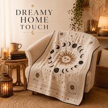 1PC Sun Moon & Stars Print Flannel Blanket, Sofa & Bedroom Decorative Throw, Vintage Mysterious Celestial Pattern, Atmospheric Home Decor, Flannel Fabric, Suitable For Sofa, Bed Decoration & Daily Use - Multicolor - View 1