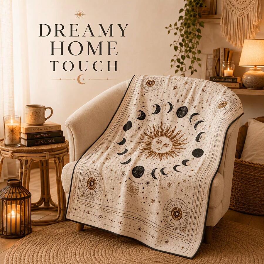 1PC Sun Moon & Stars Print Flannel Blanket, Sofa & Bedroom Decorative Throw, Vintage Mysterious Celestial Pattern, Atmospheric Home Decor, Flannel Fabric, Suitable For Sofa, Bed Decoration & Daily Use - Multicolor - View 1