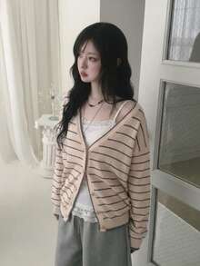 Kardigan Rajut Wanita YCYC Gaya Korea Warna Kontras Motif Garis Kerah V Longgar Slouchy Serbaguna Tipis Lengan Panjang Jaket Sweater Musim Semi dan Gugur - Aprikot - View 1