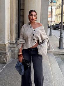 Senya 2026 Women's Oatmeal Crew Neck Knit Cardigan, Statement Button Long Sleeve Relaxed Sweater, Effortless Chic Minimalist Fall Winter Top - Grey - View 3