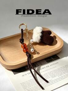 New Women's Plush Mini Glove Pendant, Vintage Amber Bead Woven Hanging Rope With Pearl Bell Chain Accessory, Exquisite And Compact With Atmospheric Vibe, Suitable As Bag Charm, Personalized Decoration, Daily Outfit Matching, Gift Or Personal Use, Versatile For Multiple Occasions - Multicolor - View 3