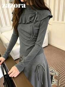 2-In-1 Layered Ruffle Trim Long Sleeve Fitted Slimming Solid Color Minimalist T-Shirt Top For Early Autumn - Grey - View 4
