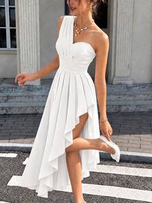 Women's Autumn Minimalist Elegant One-Shoulder Ruched Asymmetric Design Dress, Suitable For Party, Gathering, Holiday, Birthday Party, Work Commute, Office, Beach Vacation, Beach, Daily Wear, Outdoor Street Photography, Wedding Guest Outfit, Graduation Ceremony, Casual Outing - White - View 1