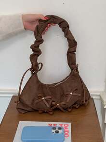 Soft Suede Underarm Shoulder Bag For Women, Vintage Maillard Style, Zipper Closure, Fits Phone And Cosmetics, Ruched Strap, Sweet Cool Aesthetic, Brown Niche Handbag For Daily Outings, Dating And Shopping - Coffee - View 2