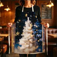 1pc Christmas Night Scene White Snow Christmas Tree Print Apron - Sleeveless Design, Durable And Comfortable Fit, Featuring Falling Snow Christmas Tree, Golden Star Decorations And Winter Night Forest Pattern, Suitable For Cooking, Baking And Home Cleaning, Household Cleaning, Housework Apron, Hand-Painted Holiday Gardening Apron, Fun Christmas Holiday Gift - Multicolor - View 5