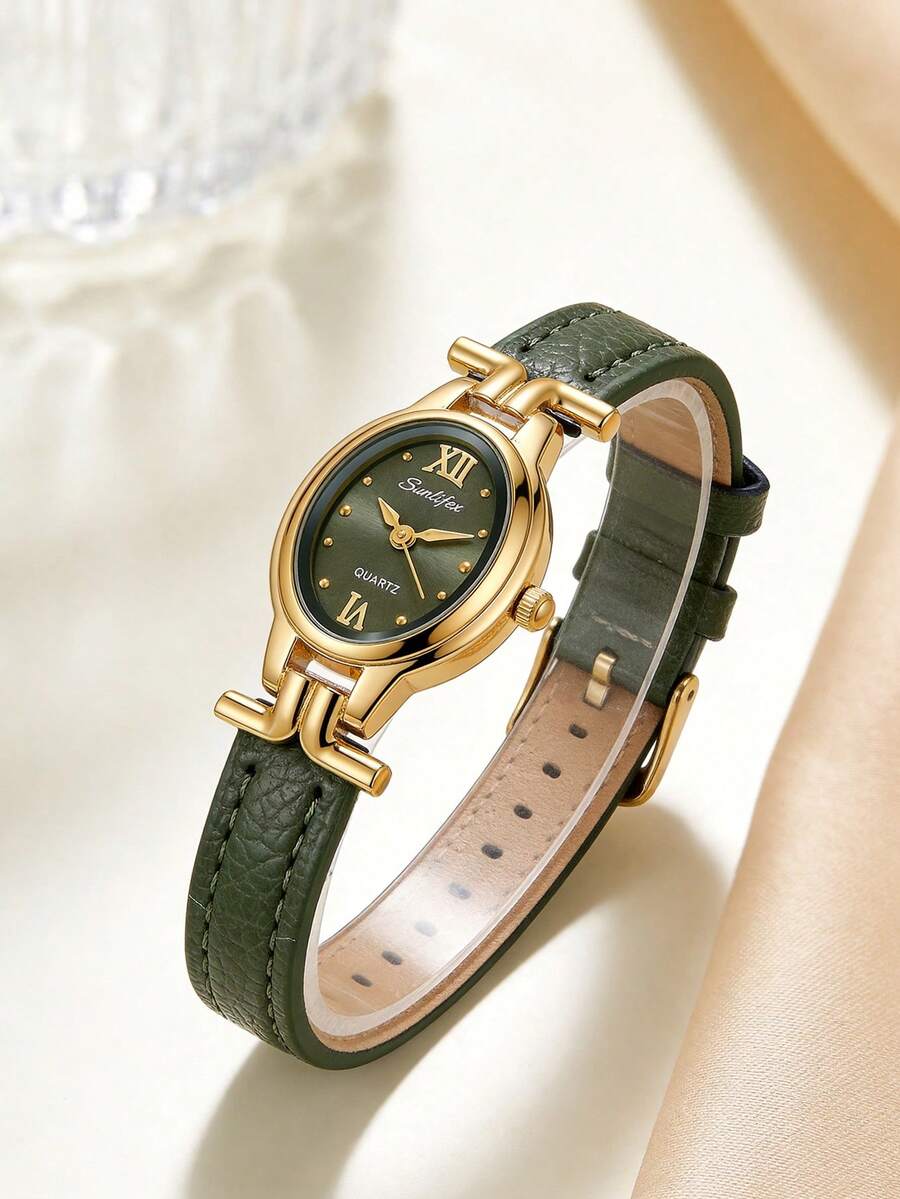 Women Oval Vintage Quartz Watch, Gold Alloy Case, Green Roman Numeral Rhinestone Dial, Green Litchi PU Strap, Elegant Ladies Watch For Daily & Gift