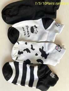 5 Pairs Women's Black & White Embroidered Socks, Ins Style Short Socks, Summer Thin Low-Cut Cute Cartoon Cow Japanese Invisible Socks - Multicolor - View 10
