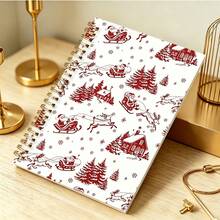 1 pièce Cahier à spirale 14*21cm avec motif vintage de traîneau du Père Noël, journal avec impression de scène de Noël en art linéaire rouge, bloc-notes rétro de vacances d'hiver pour notes quotidiennes - Multicolore - Voir 4