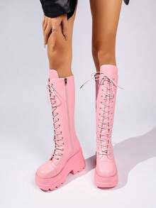 Pink Thick Sole High-Top Lace-Up Boots, Platform Jagged Sole Motorcycle Boots, Sweet Cool Hot Girl Long Boots - Pink - View 1