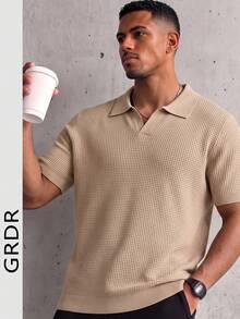 GRDR Kemeja Polo Rajut Waffle Warna Polos Pria dengan Kerah, Lengan Pendek, Atasan Kasual Ringan - Aprikot - View 3