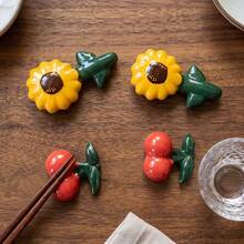 1pc Cute Realistic Sunflower & Cherry Ceramic Chopstick Holder, Mini Chopstick Rest, Home Hotel Restaurant Table Decor Accessory - View 2