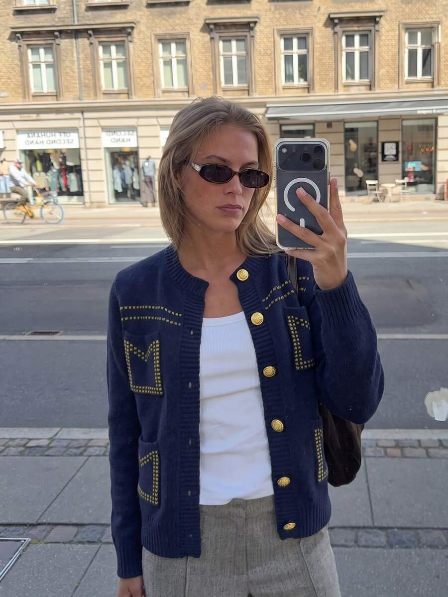 Elegant Solid Color Button Pocket Cardigan For Women, Court Academy Style, Holiday Vacation, Autumn/Winter - Blue - View 1