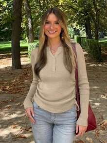 Solid Color Round Neck Long Sleeve Slim Fit College Style Women's Knit Top, Spring/Autumn - Khaki - View 5