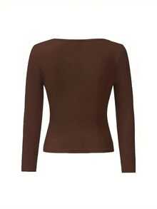 1pc Women's Solid Color Square Neck Slim Fit Long Sleeve T-Shirt, Elastic Slim Fit Sexy Top, Suitable For Daily Commute And Travel - Brown - View 3