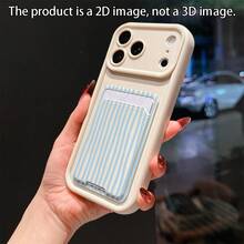 2pcs Set: Beige Self-Adhesive Card Holder Phone Case Slot Card Holder And Light Blue Fine Vertical Striped TPU Shockproof Full Coverage Precise Protection Case Compatible With IPhone 11/12/13/14/15/16/16Pro/16ProMax/17/17pro/17ProMax/18pro 18ProMax - Multicolor - View 3