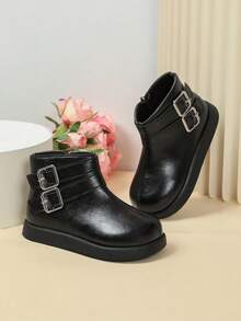 Children's Double Buckle Ankle Boots Autumn/Winter New Style, Double Metal Buckle Design With Cool Vibe, Inner Zipper For Easy On And Off, Flexible And Durable Upper, Thick Flat Sole Anti-Slip Foot Protection, Round Toe No Toe Squeezing, Unisex Toddler Daily Versatile Retro Style Ankle Boots - Black - View 4