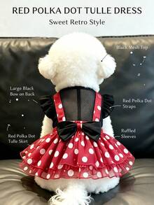 1pc M Size Dog Cat Vintage Dress Red Polka Dot Black Mesh, Ruffle Flutter Sleeve Suspender Strap Satin Bow Tulle Tutu Skirt, Cute Retro For Spring Summer Party Birthday Photo Shoot, Suitable For 3-4kg - Multicolor - View 3