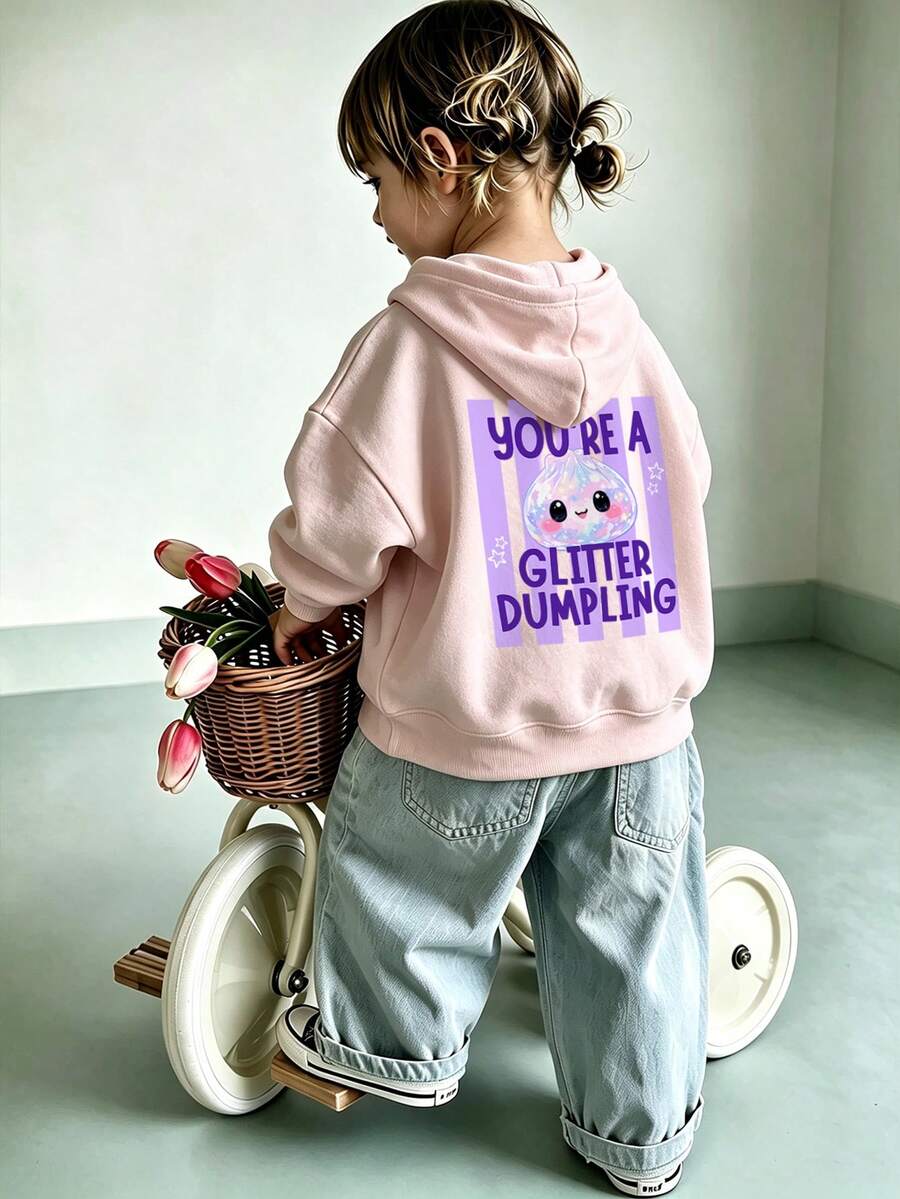 Cute Glitter Dumpling Print Hooded Sweatshirt For Girls, Sweet Letter Pattern Long Sleeve Pullover - Pink - View 1